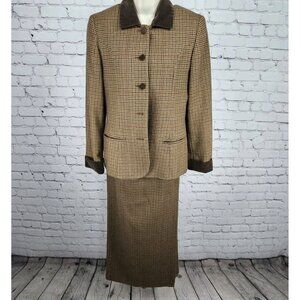 VTG Breeches Brown Wool Alpaca Houndstooth Velvet Trim Jacket Skirt Set USA 8